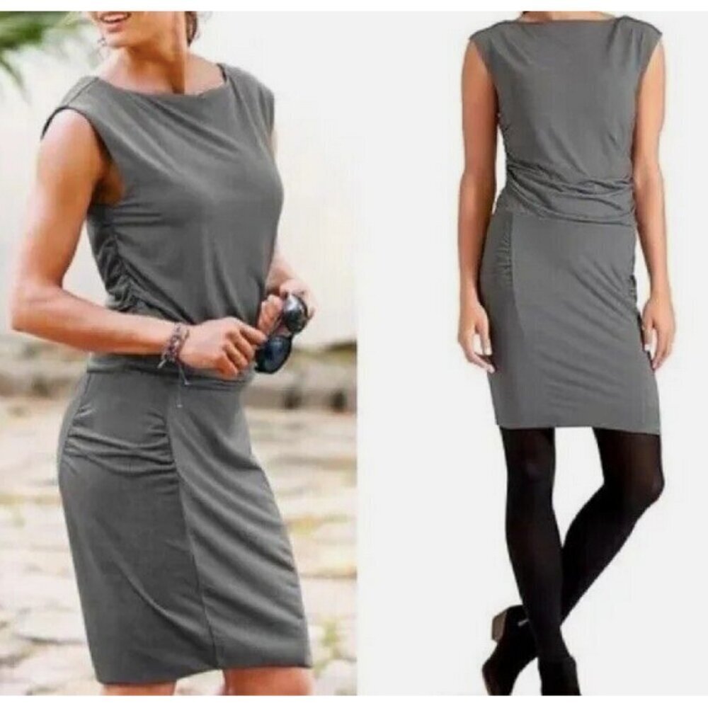 ATHLETA Micro Stripe Westwood Dress Black Tencel Lyocell Ruched Stretch Women S